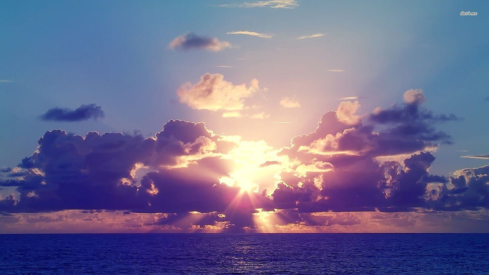 blue cloudy skies, sky, sunlight, sea, water HD wallpaper