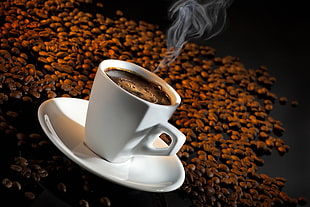black coffee filled white cup with saucer HD wallpaper