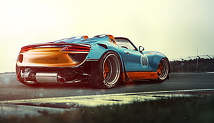 blue and orange Porsche sports car, car, sports car, vehicle