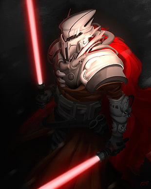 man in white armor illustration, lightsaber, red