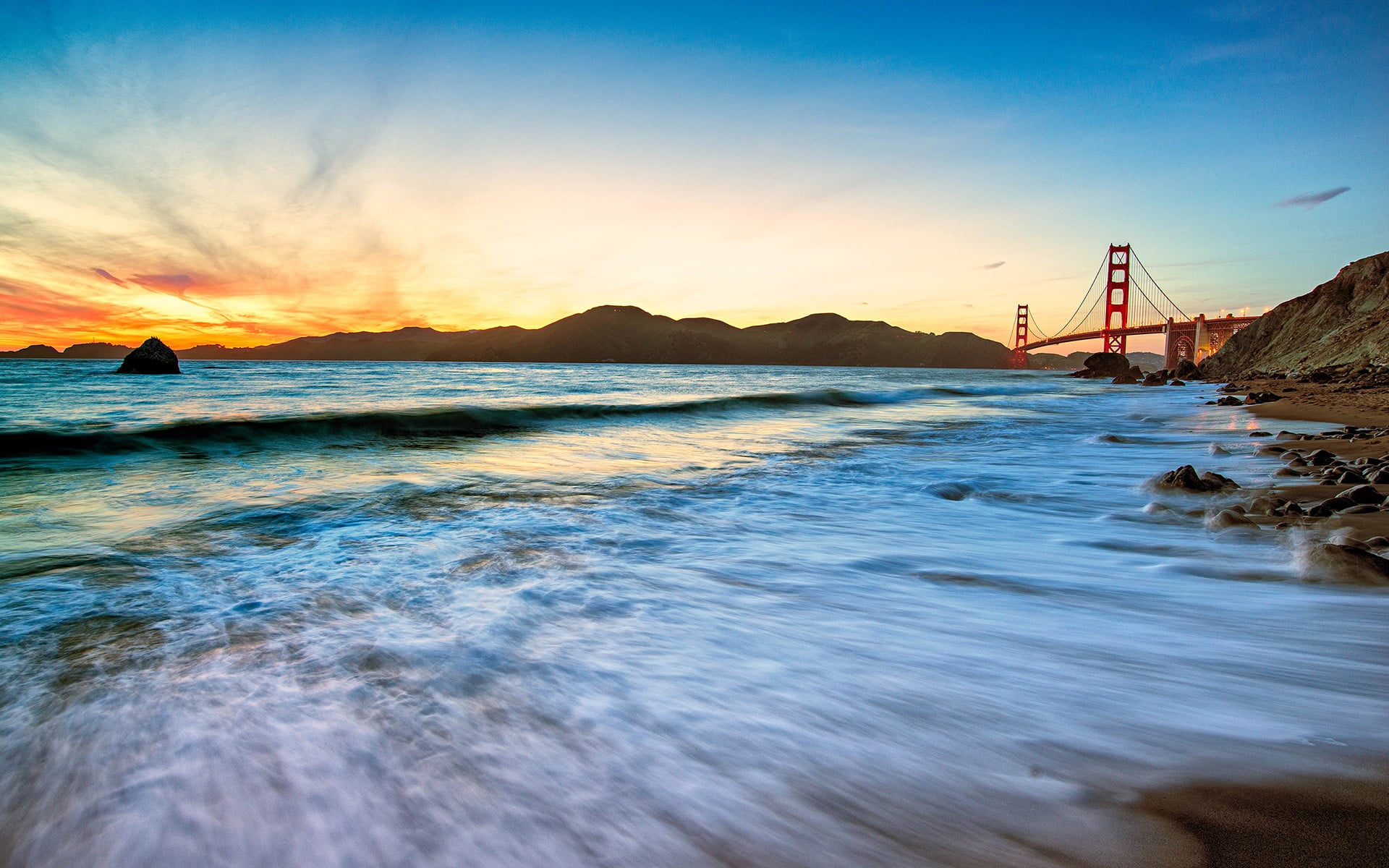 white and blue boat on body of water painting, sunset, beach, Golden Gate Bridge, USA