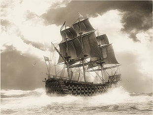 galleon ship sketch, sailing ship, artwork, ship, sepia HD wallpaper