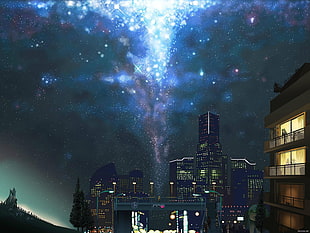 aerial photo of city, anime, night, sky, city