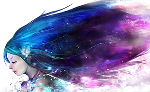 purple and blue-haired female anime character, abstract, original characters, manga
