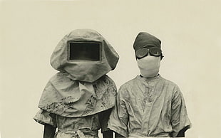 white face mask, monochrome, helmet, people