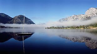 white and white sailboat, lake, smoke, boat, mountains