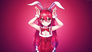 female anime character with red hair and white rabbit ears headband digital wallpaper