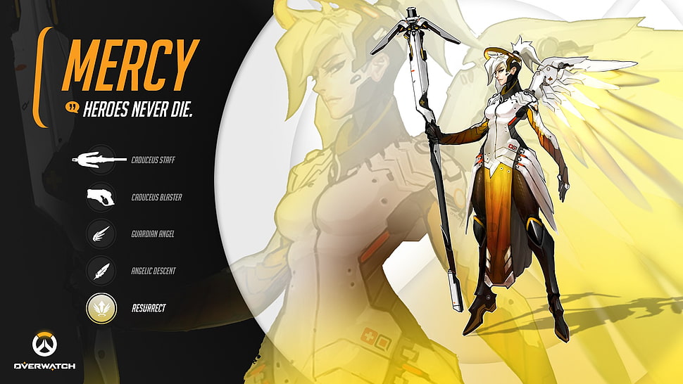 Mercy heros never die illustration with text overlay, Blizzard Entertainment, Overwatch, video games, angel HD wallpaper