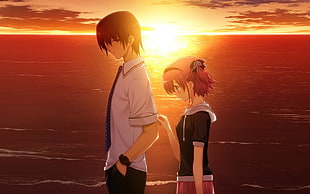 male and female anime character walking near body of water during golden hour wallpaper, Grisaia no Kajitsu, sunset, Kazami Yuuji, Komine Sachi HD wallpaper