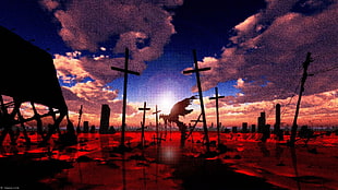 silhouette of crosses under cloudy sky during daytime