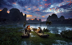 two men on boats near body of water wallpaper HD wallpaper