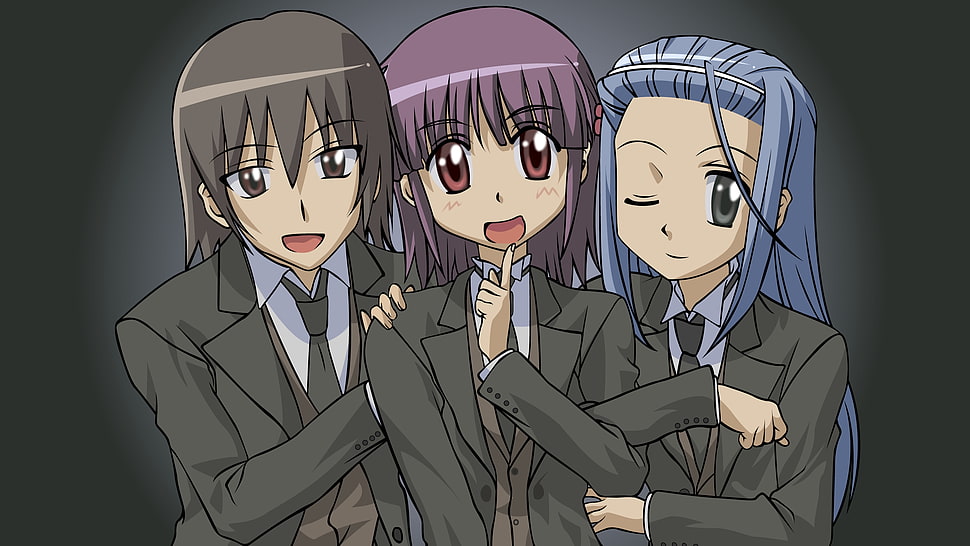 three female anime character with black suits HD wallpaper