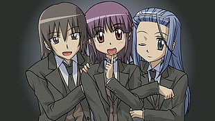 three female anime character with black suits