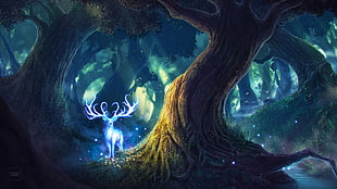 blue reindeer in forest digital wallpaper, forest, landscape, deer, white