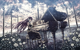 female plating piano digital wallpaper, Vocaloid, Megurine Luka, piano HD wallpaper