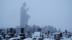 buildings covered by snow, statue, tombstones, Buddha, snow