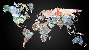 banknote-themed world map illustration HD wallpaper