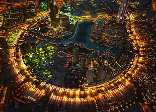 round black and brown wooden table, cityscape, Dubai, aerial view, city lights HD wallpaper