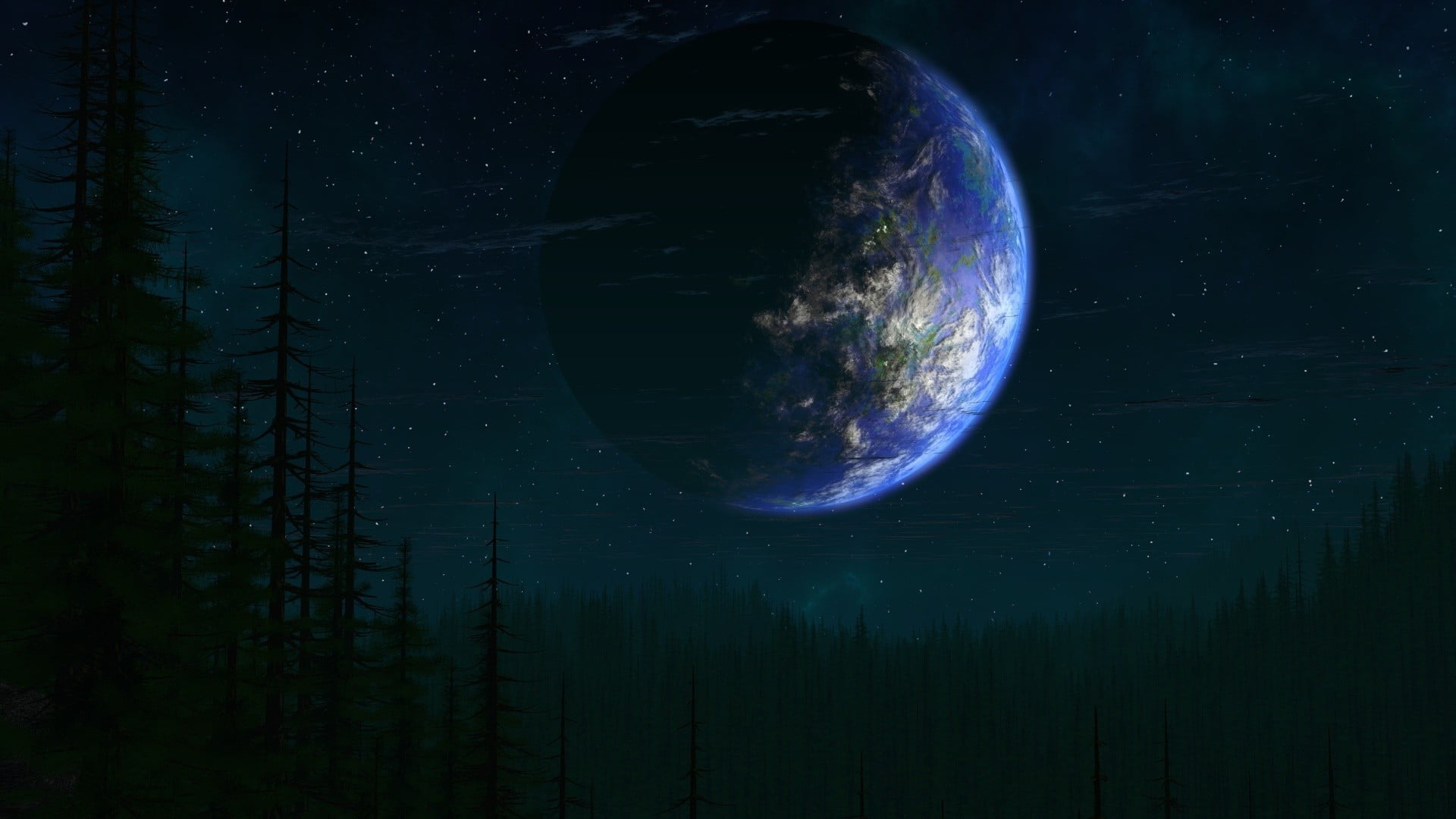 planet earth screenshot #planet #Minecraft #space #stars #glowing #dark  digital art #3D #river #fores…