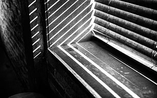 black and white wooden bed frame, window, lights, depth of field, monochrome