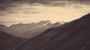 sepia photography of mountain