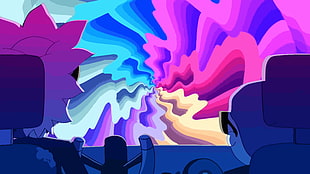 cartoon character illustration, Rick and Morty, vector graphics, car, rainbows