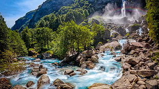 body of water and trees, Switzerland, waterfall, water, rocks HD wallpaper