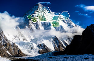 snowy mountain, mountains, hexagon, blurred