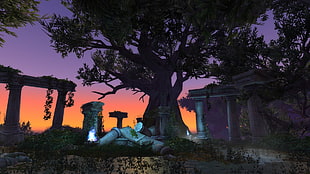 tree and columns illustration, World of Warcraft, highmountain, Legion