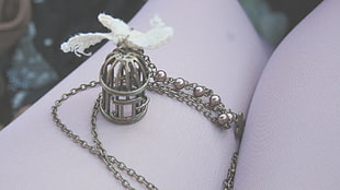 silver-colored birdcage pendant necklace HD wallpaper