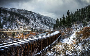 brown railways, fall, railway, hills, snow HD wallpaper