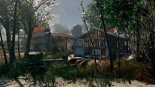 brown metal trailer and brown wooden house, Fallout 4, farm, Xbox One
