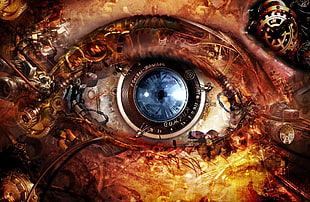 mechanical human eye digital wallpaper, machine, eyes, mechanics, digital art