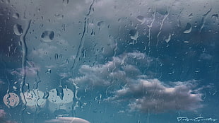 water droplets, clouds, landscape, water on glass,   digital 