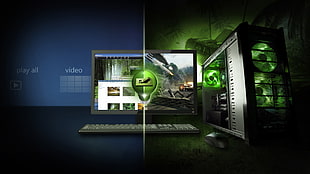 gray flat screen monitor, gray keyboard and gray computer tower, computer, technology, digital art HD wallpaper