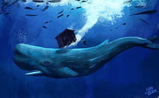 brown house and gray whale painting, artwork, animals, whale, underwater HD wallpaper