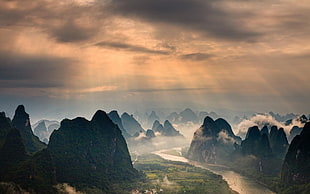 mountain range, mountains, mist, river, nature HD wallpaper