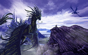 black and yellow dragon illustration, digital art, fantasy art, dragon, wings