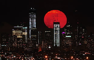 red moon, cityscape, Red moon