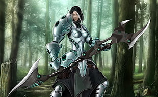 woman animated character with two bladed spear illustration