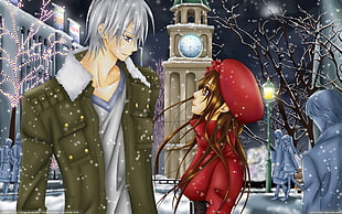 man and woman anime character during snow