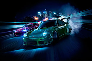 green coupe, video games, Rocket Bunny, Subaru BRZ, Porsche 911