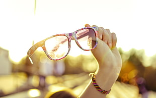 person holding floral framed wayfarer-styled eyeglasses with touch of sun rays