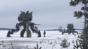 two green war machine robot on field full of snow