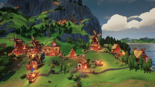 illustration of houses near mountain