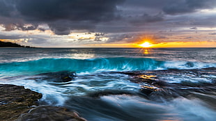 body of water, landscape, sunset, clouds, coastline HD wallpaper