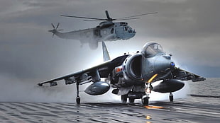 gray airplane, Harrier, AV-8B Harrier II, Royal Navy, Westland WS-61 Sea King AEW.2A