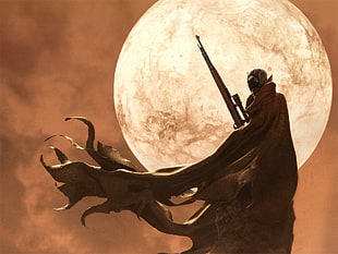 male anime character holding sniper with cape digital wallpaper, artwork, fantasy art, digital art, hunter HD wallpaper