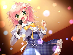 anime character woman holding microphone singing illustration