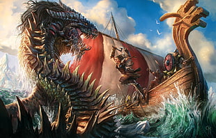 brown viking illustration, fantasy art, dragon, ship, warrior
